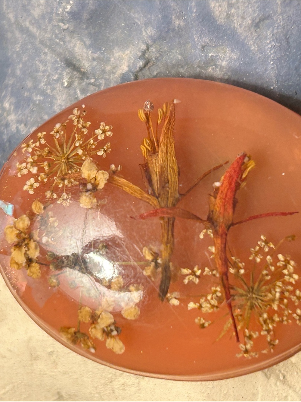 Vintage Botanical Pressed Flower oval Resin or Lucite Cabochon Dome Brooch pin